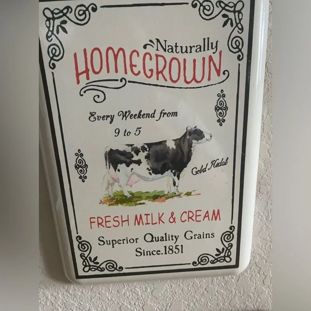 Farmhouse Distressed Metal White Homegrown Cow Sign Rope Hanger Wall Decor 12x8